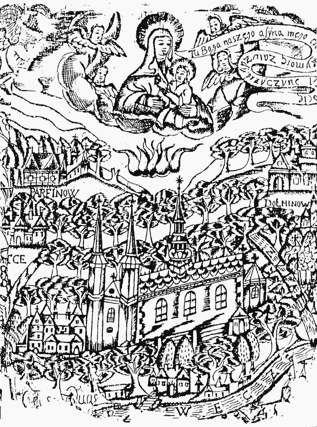 Будскі касцёл. Гравюра з кнігі Э. Зеляевіча "Задыяк на зямлі". 1650 г.